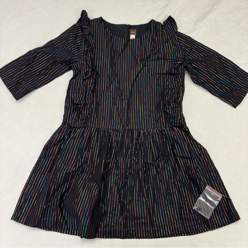 Tea Collection Black Rainbow Stripes Dress Size 7‎ NWOT
